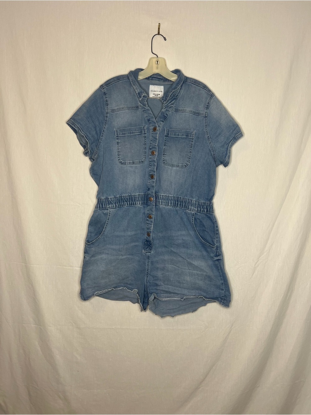 Chambray romper button front raw hem shorts